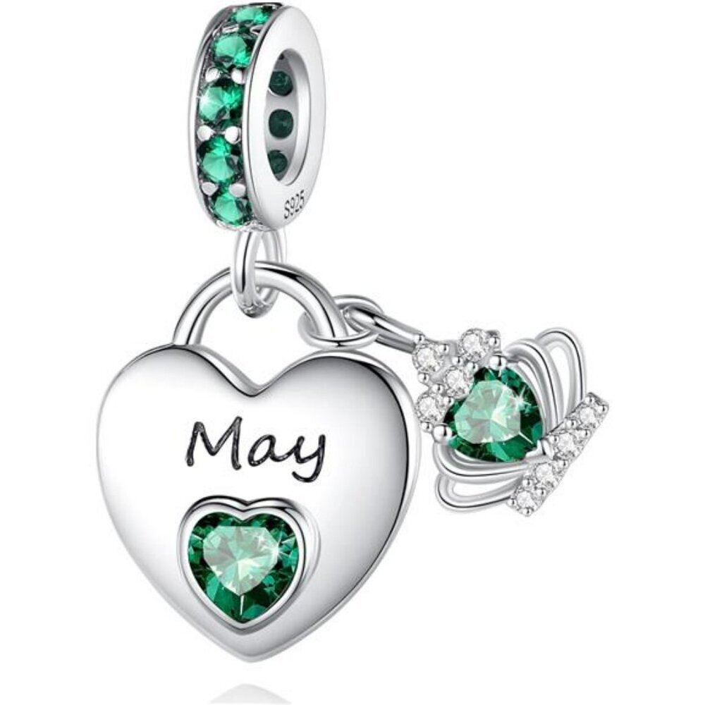 925 Sterling Silver Heart Birthstone Charm Dangle Pendant for Pandora Bracelet G